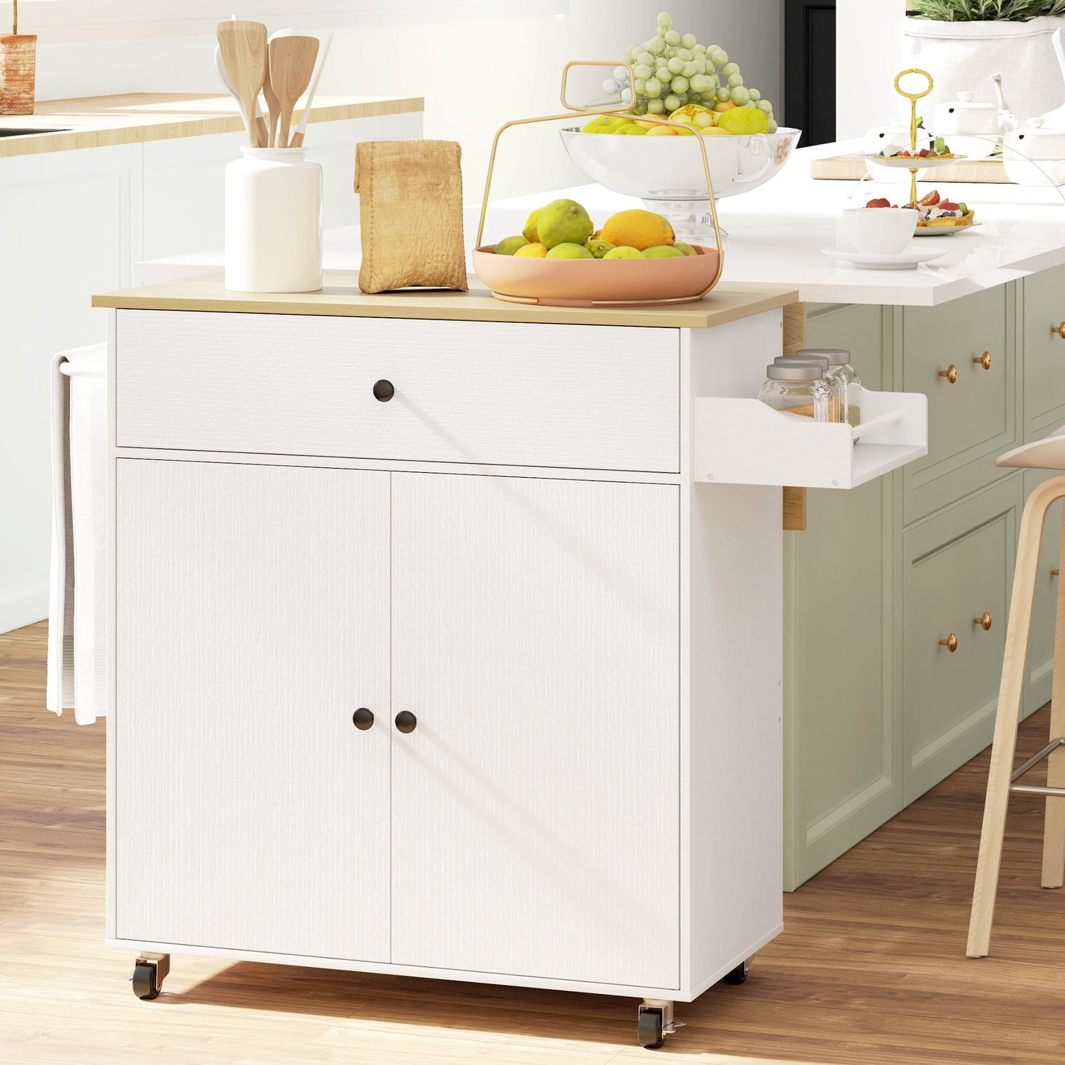 CHICFURN Verrijdbare Keukenkast met Inklapbaar Werkblad, Wit, Breedte: 106 cm