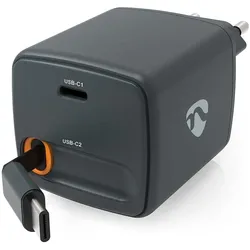 Nedis Charger w/ Retractable Cable 30 W PD3.0 30W USB-C 0.75 M (30 W, 1 Port), USB Ladegerät, Schwarz