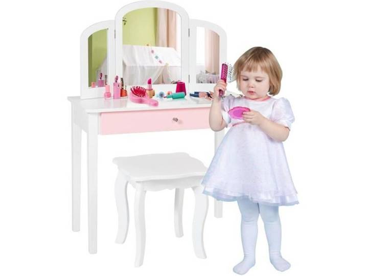 DREAMADE Ensemble Coiffeuse Enfant avec Tabouret et Miroir en Forme de la Couronne Table de Maquillage Style Princesse Blanc