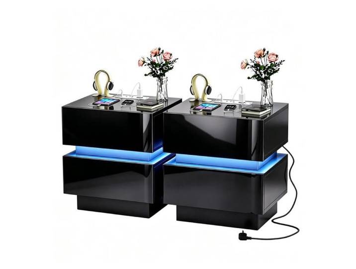 Chleby Lot de 2 tables de chevet noir laqué brillant avec LED et port USB 2 tiroirs rangement chambre Design Moderne 45x35x46 cm