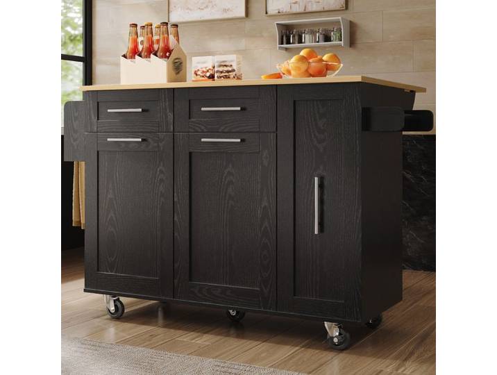 Îlot de cuisine moderne armoires avec rangements étagère à snacks et armoire coulissante noir
