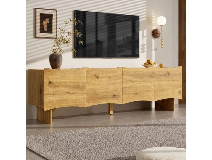 Meuble TV moderne (155 cm) motif ondulé 4 portes rangement et passages de câbles