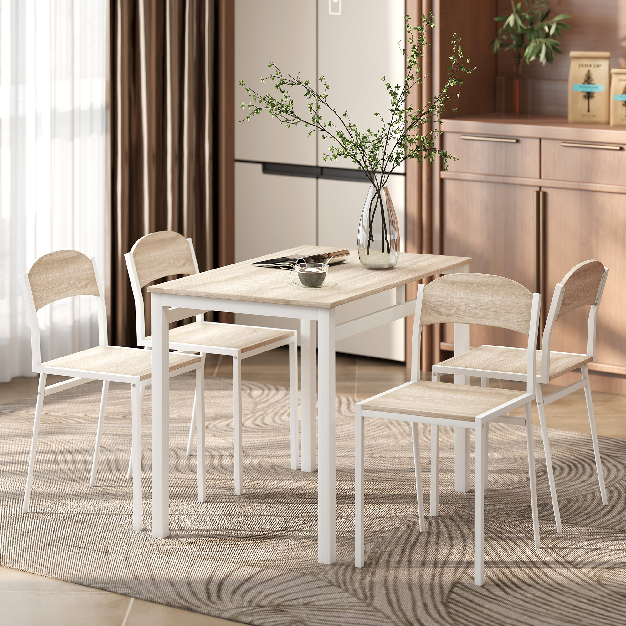 Homcom Set da Pranzo Tavolo e 4 Sedie in Metallo e MDF,  Bianco e Legno Aosom