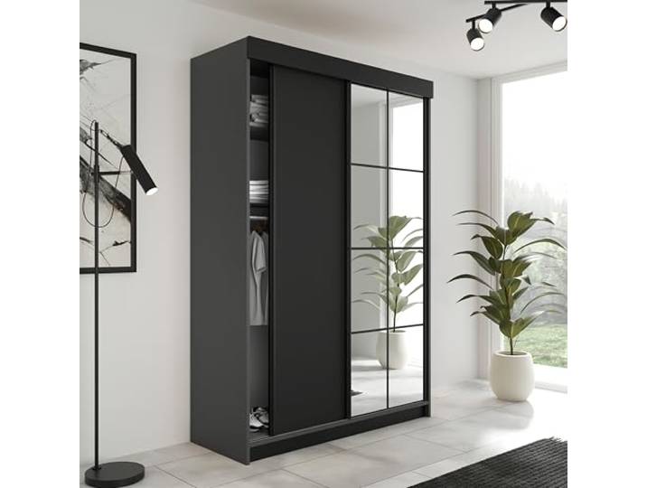 KIER FURNITURE Schiebegarderobe LAMARO mit Spiegel - Schrank Schlafzimmer - Schlafzimmerschrank - Wardrobe Bedroom - Kleiderschränke - Kleiderschrank - 138x205x59 - Graphit & Schwarz