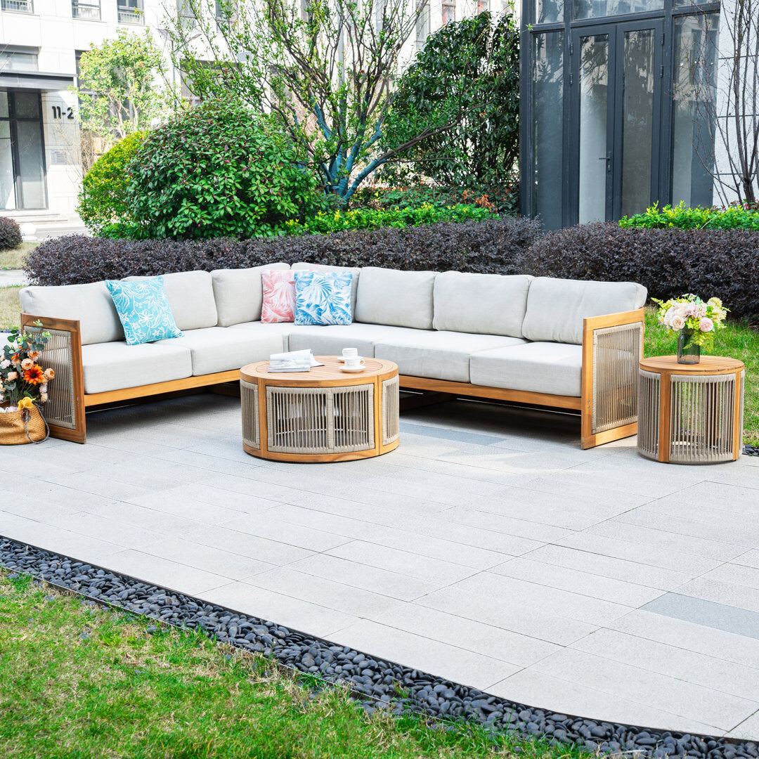 MIMO 6-Piece Solid Wood Outdoor Seating Set with Round Coffee Table Medium Yellow Wood 6