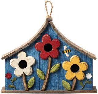 "Glitzhome 10.5""H Distressed Solid Wood Birdhouse with 3D Flowers - 10.5"""