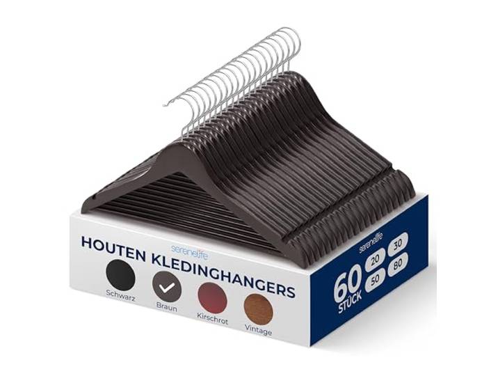 SereneLife Holzkleiderbügel, 60 Stück- Kleiderbügel, Robuste & rutschfeste Hangers- 1,2cm dick, 360° drehbarer Haken, Einkerbungen im Schulterbereich, Ideal für Anzüge, Jacken & Mäntel, Braun