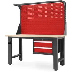 Jan Nowak Werkbank Werkstatt LOGAN Lochwand , 2 Schubladen | Werktisch Montagewerkbank Arbeitstisch Packtisch, 170x150x75cm Anthrazit-Rot, Platte Braun