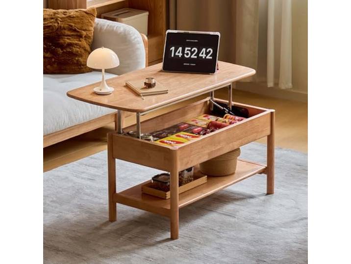 YESWOOD Couchtisch Höhenverstellbar aus Massivholz Wohnzimmer Natur Couchtisch mit Stauraum, Gummibaumholz Multifunktionaler Beistelltisch, Lift Top ohne Strom offenes Ablagefach 100×35×64cm