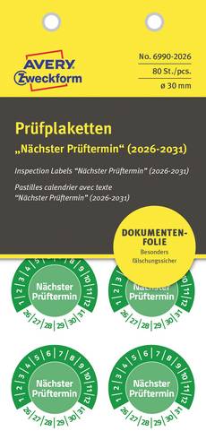 Avery-Zweckform 6990-2026 Prüfplakette Grün Folie selbstklebend (Ø) 30mm 30mm 80St.