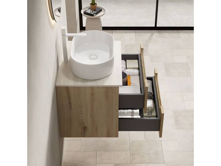 Meuble sous vasque suspendu AESVAR 60 cm avec vasque ovale en céramique plan en pierre frittée 2 tiroirs blanc