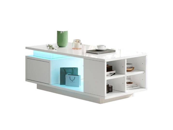 Table Basse Laquée LED-Blanche 100x50x36cm-Avec Tiroir-4 Compartiments Latéraux-Design Ajouré-Table Console
