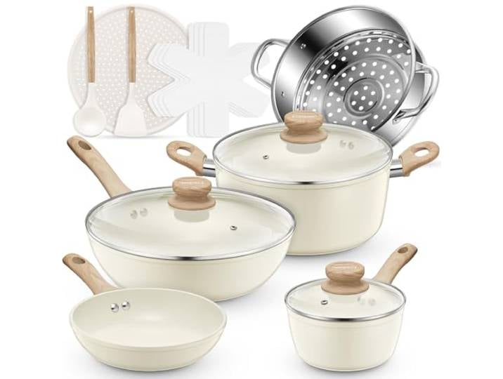 FOHERE 15-teiliges Topf- und Pfannenset, Antihaft-Keramik-Kochgeschirr-Sets, Küchen-Induktionskochset mit Pizza-Pfanne, Dampfgarer, Kochtöpfe, Bratpfannen (weiß)