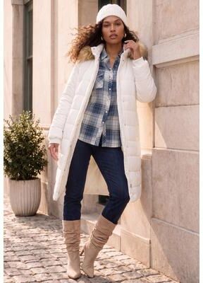 Women's Plus Size Knee Length Puffer Coat by Roaman's in White (Size 1X) Winter Coat