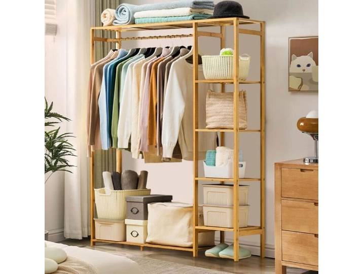 Portant à Vetement avec Rideaux Penderie à Vêtements en Bambou Porte Manteaux avec Étagère à Chaussures 90x30x146.6cm