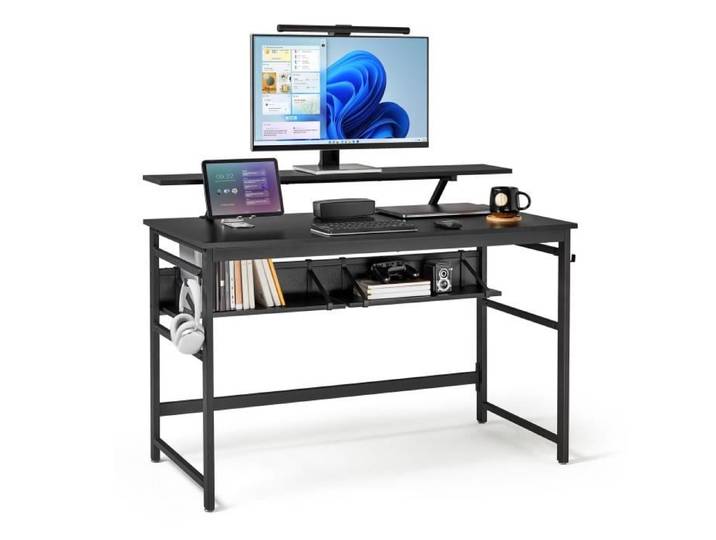 Mondeer Bureau droit 120 CM Bureau d'Ordinateur avec 2 Étagères de Rangement Support d'Écran Amovible - Noir
