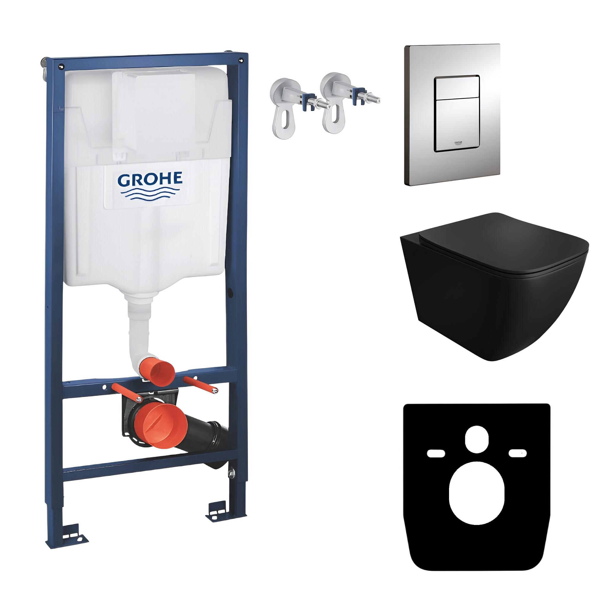 GROHE Vorwandelement Solido + Wand Hänge WC Onil Schwarz Spülrandlos + WC-Sitz SoftClose | Verchromter Knopf | Komplettset | Unterputz Spülkasten | Toilette Komplett Sett