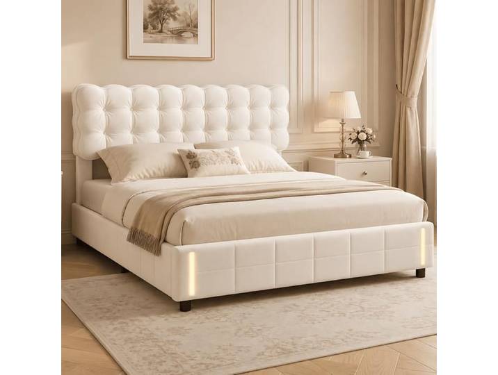 Lit coffre 140x190 cm avec LED à détecteur de mouvement Lit double rembourré avec tête de lit nuage Lit adulte/ado Velours beige