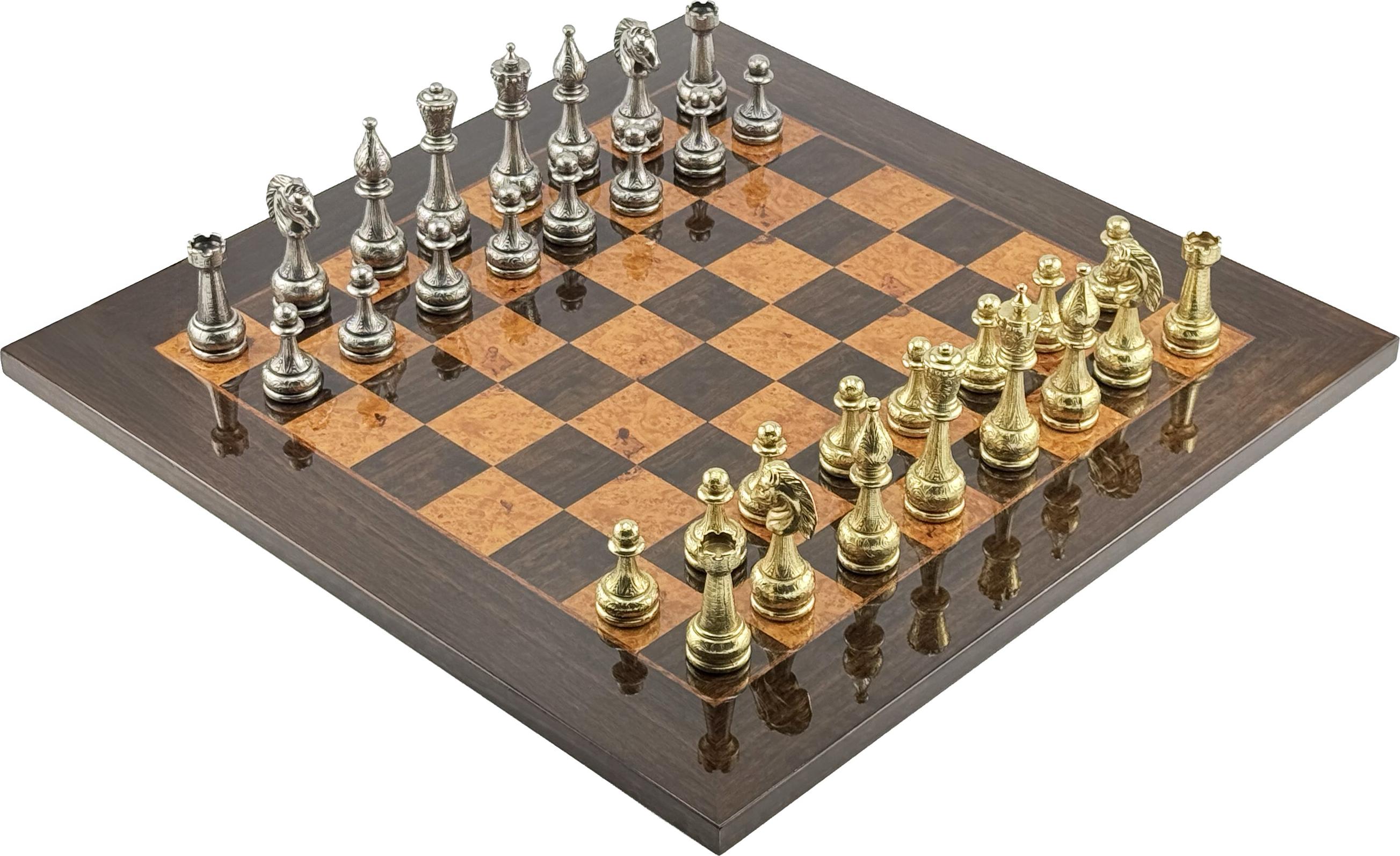 ITALFAMA LUXUS SCHACHSET: Metallfiguren 10 cm + Hand-inlayte Maple Burr Schachbrett 51 cm