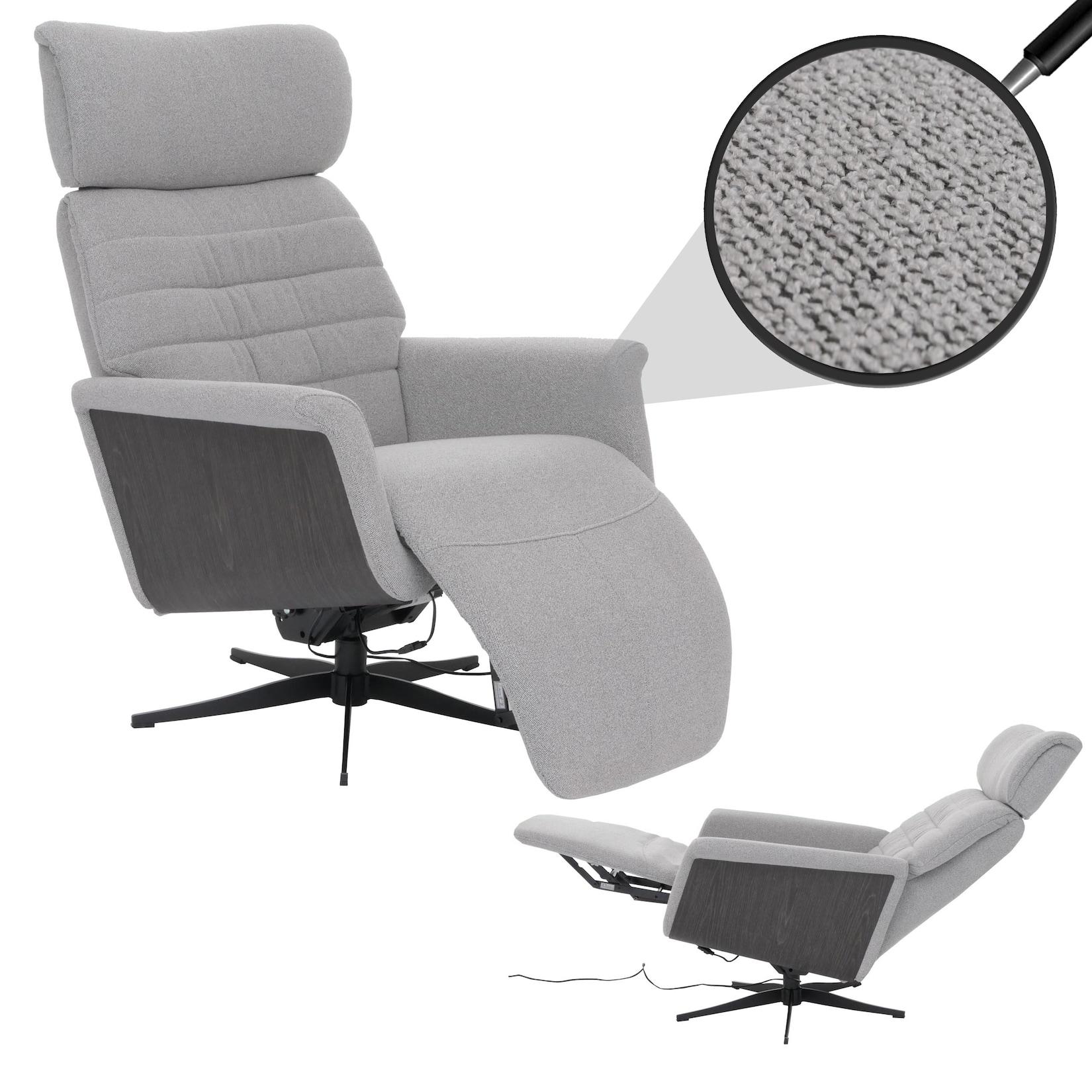 MCA Relaxsessel MCW-N56, Fernsehsessel Liegesessel Fußstütze drehbar Bouclé Stoff Holz ~ Stoff grau, Holz grau