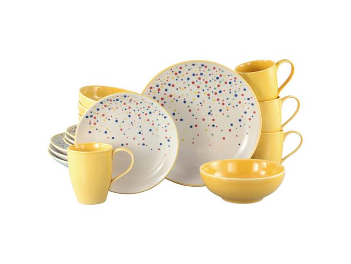 Creatable Kombiservice Joy Gelb-bunt, Creme, Gelb, Keramik, 16-teilig, Punkte, 300 ml,400 ml, handbemalt, lebensmittelecht, stapelbar, Essen & Trinken, Geschirr, Geschirr-Sets, Kombiservice