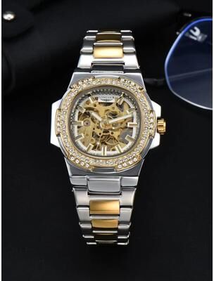 Inspire Select LONGLUX Luxury Skeleton Automatic Men's Diamond Stainless Steel Watch golden White