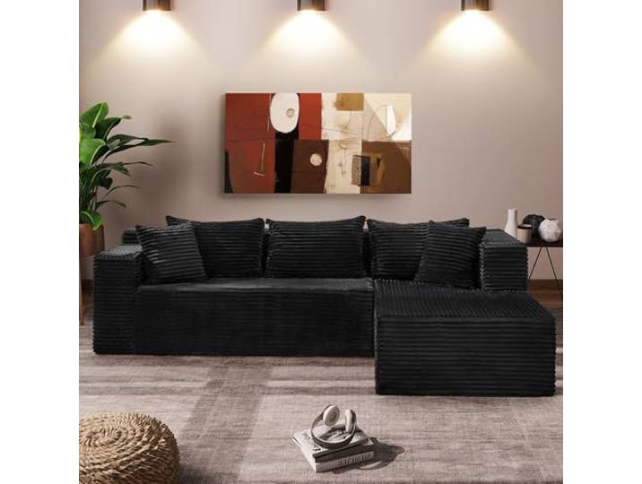 Ecksofa, ausziehbar, modular, Velours, mit 5 Kissen, Schwarz Komprimiertes Sofa, mobil, 4-Sitzer, mit Ottomane, Memory-Schaum, ohne Montage, ausklappbarer Sessel für Wohnzimmer, Wohnung
