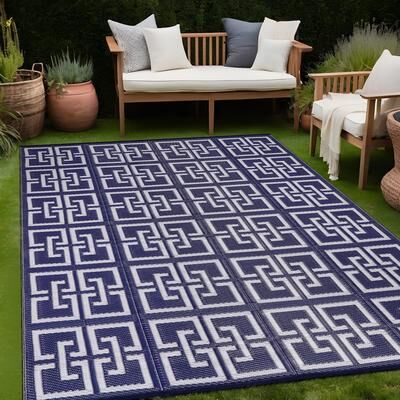 Beverly Rug Geometric Greek Key Outdoor Rug Waterproof for Patio, RV Camping