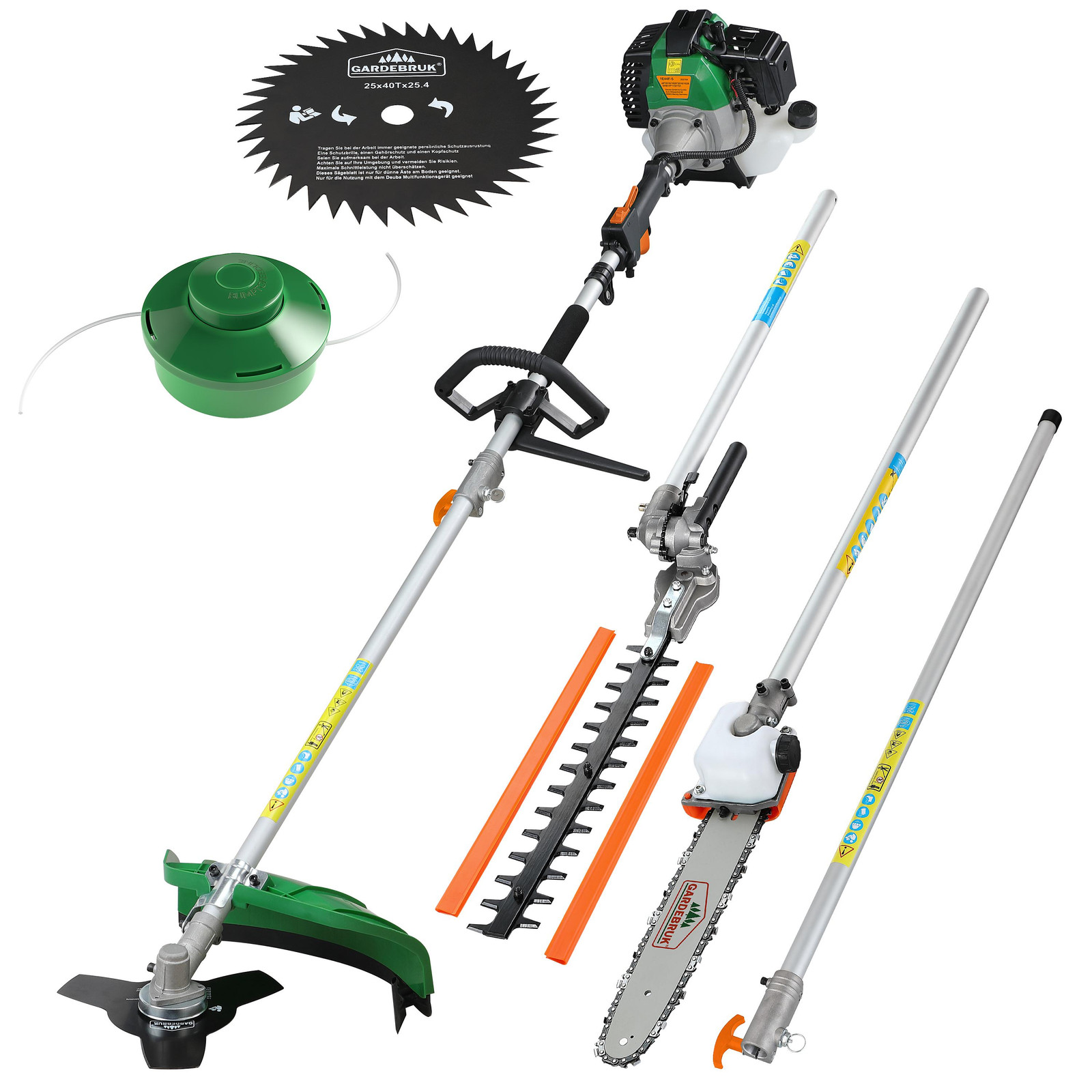GARDEBRUK Benzine grasmaaier en trimmer 5-in-1, 52ccm, 2 PK, inclusief grastrimmer, heggenschaar en hoogsnijder, met 1 meter verlengstuk