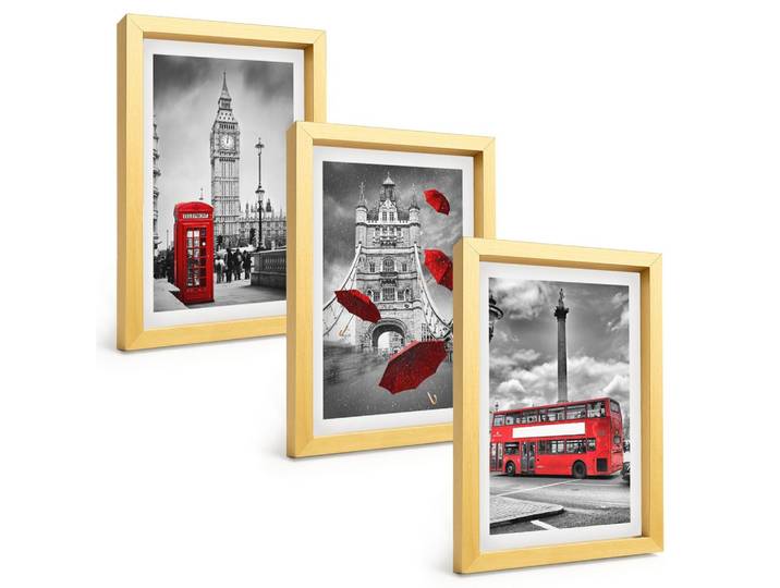 BILDER SET 3er Set - 20x30 cm Goldrahmen - Roter Regenschirmstand und Londoner Bus