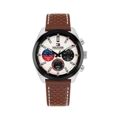 Chronograph TOMMY HILFIGER "Hudson", braun (braun, creme), Armbanduhren, Herren, Chronograph, Quarzuhr, Armbanduhr, Herrenuhr, Lederarmband, analog, Stoppfunktion