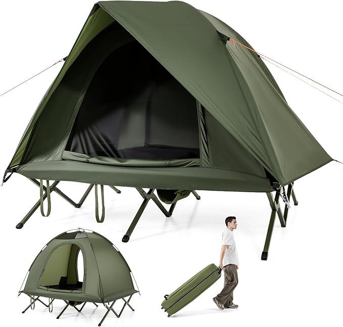 Feldbett mit Zelt 2 Personen, Camping-Ausrüstung mit Regenschutz, 2 Netztüren, Dachfenster & Rolltasche, Outdoor-fähige Unterkunftsbett, bis 300 kg, 194 x 145 x 150 cm
