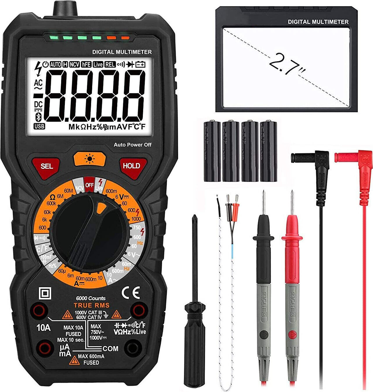 Tacklife Digitale Multimeter met 6000 tellingen, temperatuurmeting en fasedraadidentificatie