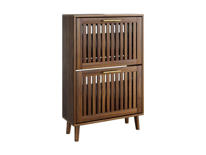 Evryae Schuhschrank Landhaus Design Wellenfronten Goldene Griffe Kippschutz Holzbeine, Walnussfarben, Metall, 60x93x24 cm, Garderobe, Schuhaufbewahrung, Schuhschränke