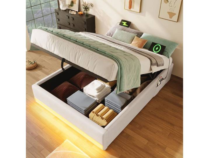 HOMVRA Lit Coffre Lit Enfant 90x200 Cm Lit Simple Avec LED Prise USB Et Type-c Structure En Lin Beige