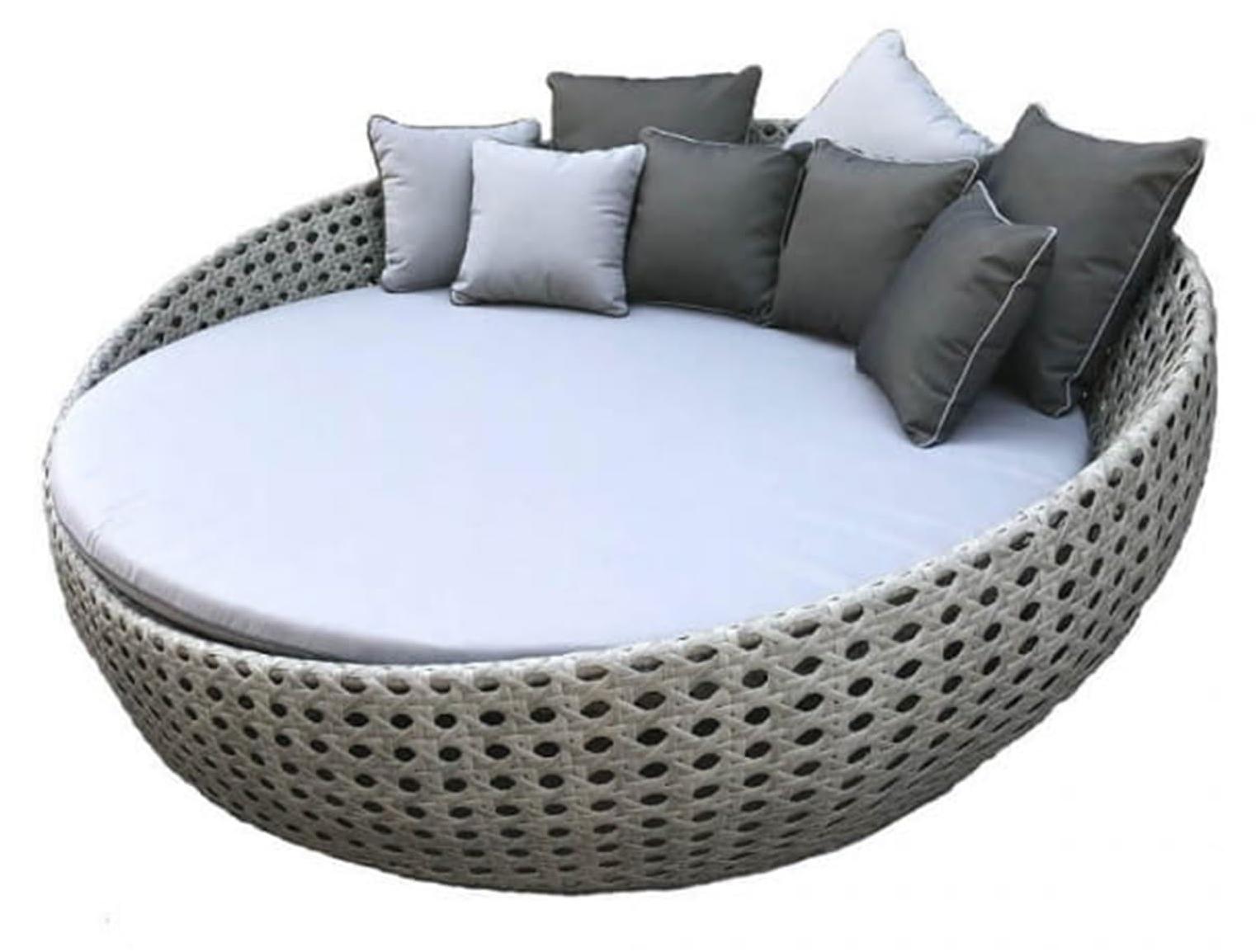 Sonnenliege aus Poly-Rattan mit Zierkissen - Runde Sonneninsel mit Matratze - Gartenliege wetterfest & UV-beständig - Garten Terrasse Balkon Ø 200 cm