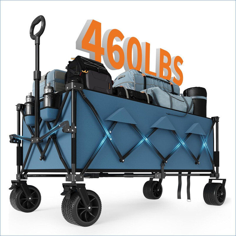 Blue Elephant Heavy Duty Foldable Wagon for Beach, Extra Large Collapsible Foldable Wagon for Camping, All Terrain Beach Wagons Extended with Cup Holders for Sand Blue