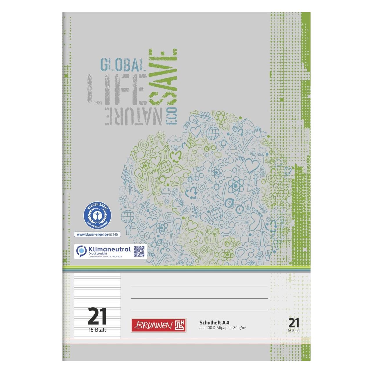 Brunnen Schulheft Recycling Lineatur 21 liniert DIN A4 ohne Rand, 16 Blatt (A4, Liniert) (10-4412101)