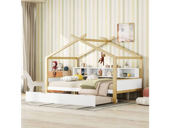Lit cabane enfant 140 x 200 cm AESVAR avec lit gigogne 4 rangements bois et MDF blanc