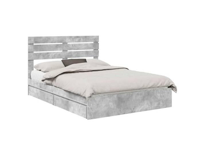 PUGYNBK Bett mit Schubladen, Grau, Beton, 150 x 200 cm Robustes Holz, integriertes Kopfteil, ausziehbare Schubladen, einfache Montage