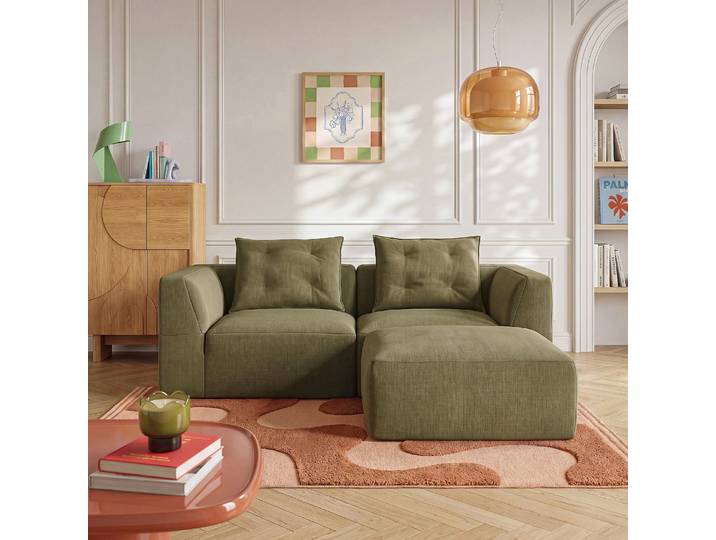 HABITAT - Repose-pieds en tissu garni de plumes - Vert kaki - Celano