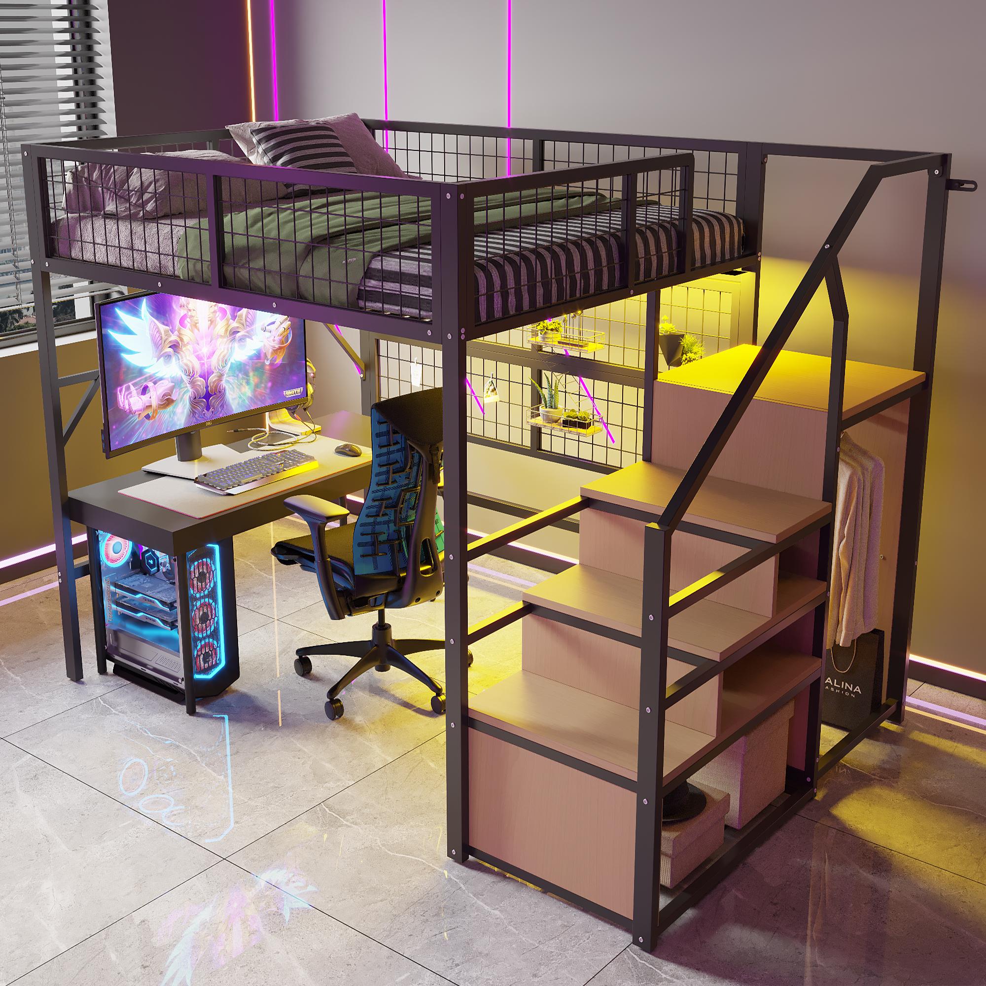 MODFU Etagenbett 140×200 Jugendbett mit APP-gesteuerten und LED-Lichtleisten,Eisenbett mit Treppestauraum und offenem Kleiderschrank,für Kinder und Jugend,ohne Matratze,Schwarz
