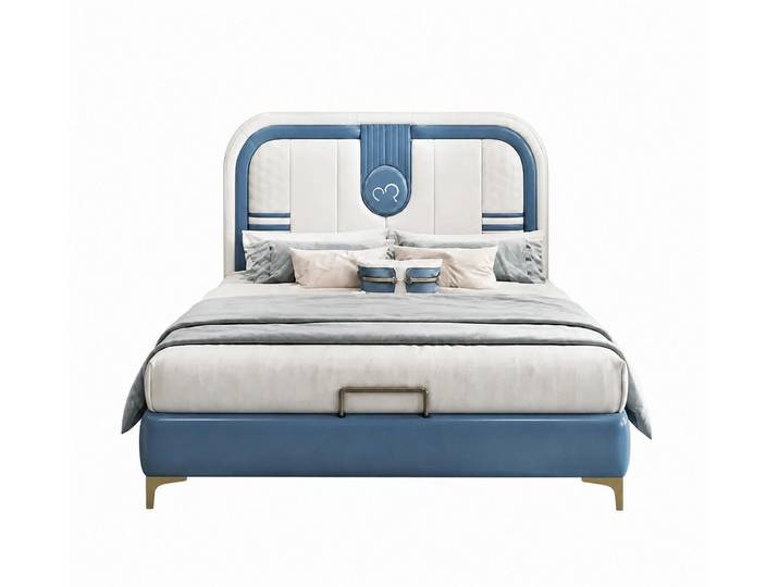 Xlmoebel Kinderbett Blaues Lederbett für Kinder und Jugendliche aus Holz, Made in Europa