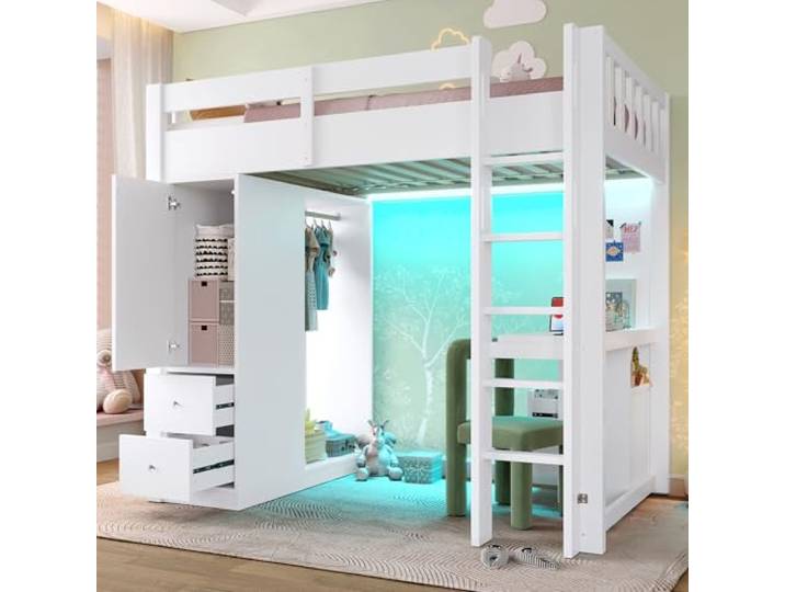 Hochbett 90x200 mit Schreibtisch & Kleiderschrank & Aufbewahrungsschrank Kiefernholz Etagenbett Kinderbett Jugendbett mit LED-Beleuchtung,USB Ladefunktion,Schubladen,Rausfallschutz, Lattenrost,Weiß