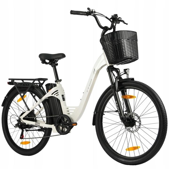 TTGO C2PRO 26" E-BIKE Aluminium-Rahmen 36V 18Ah Akku LCD-Display 80-120 km Reichweite Shimano 7-Gang-Schaltung Weiß+Korb