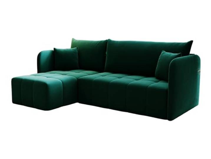 KP-Meble - Ecksofa mit Schlaffunktion Santo, Schlafsofa mit Bettkasten Couch, Wohnlandschaft, Bequemer Sitz - Velourstoff mit dekorativer Steppung - Links - Monolith 37 (Flaschengrün)
