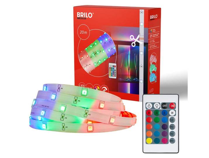 Briloner LED Strip 20m\, RGB couleurs de lumière\, télécommande\, autocollant\, raccourcissable\, blanc\, 20 m