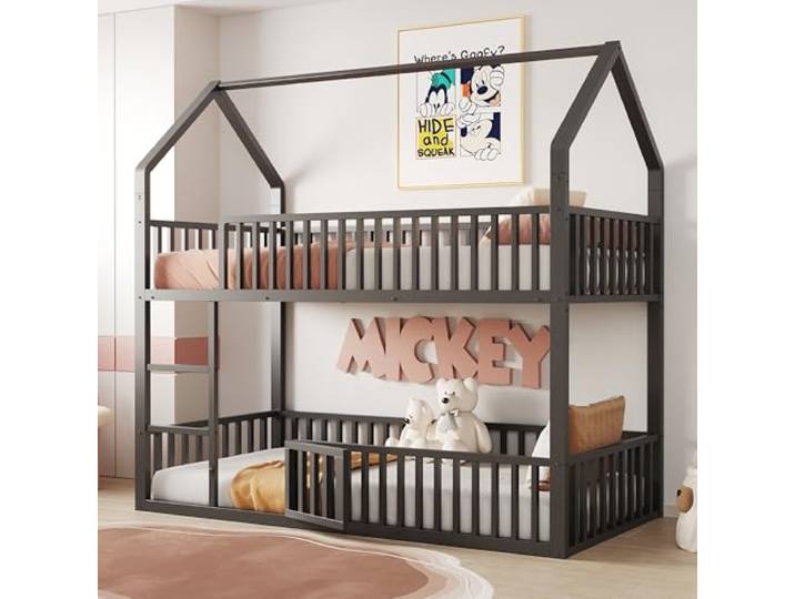 Merax Kinder-Etagenbett 90x200 cm, Metall-Hochbett mit Treppe, Hausform Rahmen, unteres Bett mit Tür zum Öffnen und Schließen, Schwarz (ohne Matratze)