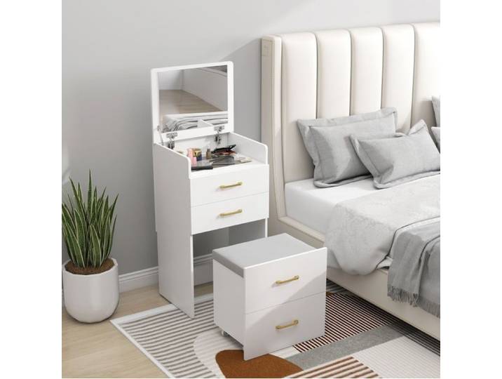 Coiffeuse 3-en-1 avec miroir relevable 2 tiroirs et tabouret à roulettes blanc - UVRION