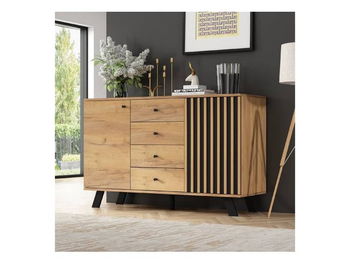 MODFU Sideboard mit 5-Schichten Aufbewahrung (Anrichte, Buffetschrank, 1 St., MDF-Korpus & Massivholzbeinen), mit 2 Schränken & 4 Schubladen